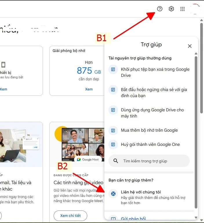 Bước 1: Nhấn vào phần "Trợ giúp" trong trang chủ Google One.