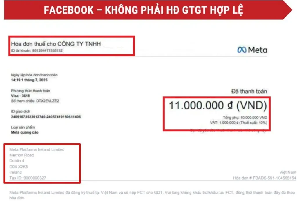 Hoá đơn Facebook xuất cho nhà quảng cáo