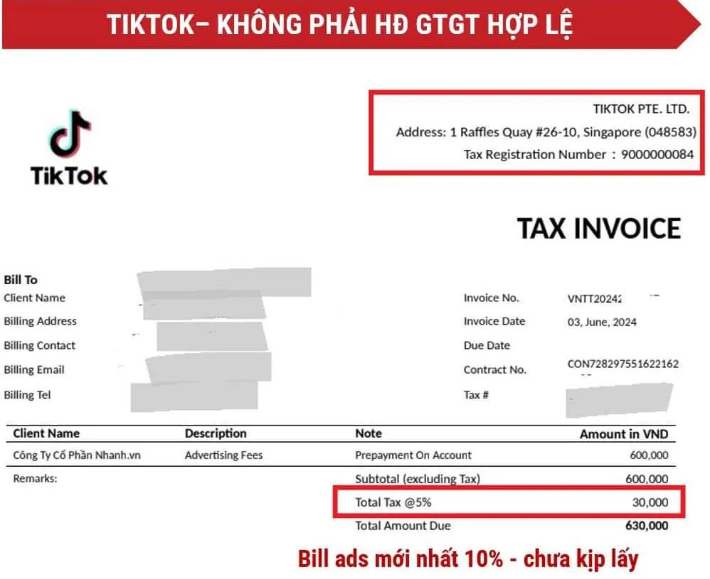 Hoá đơn tiktok xuất cho nhà quảng cáo