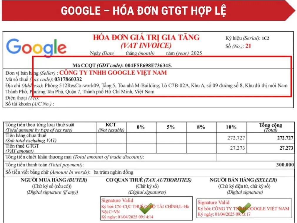 Hoá đơn giá trị gia tăng (VAT) của Google tại Việt Nam